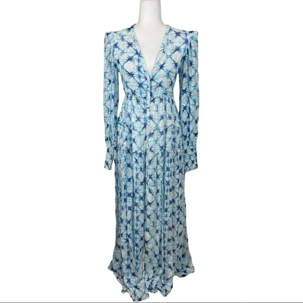Rococo Sand Blue Multi Starburst Print Maxi Dress Button Front Tiered Ruffle S